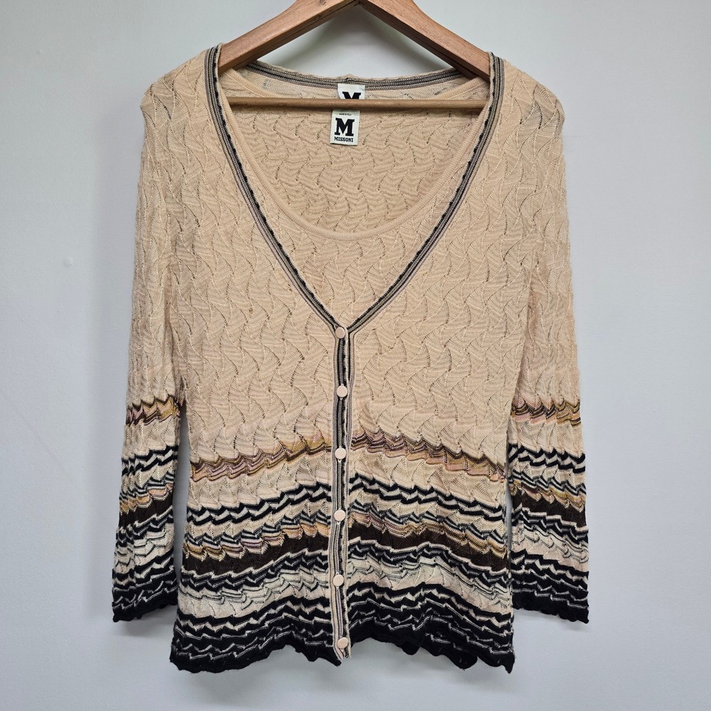 M Missoni‎ Cardigan Tank Set Women 10 Beige Zigzag Merino Wool Knit Luxury Boho
